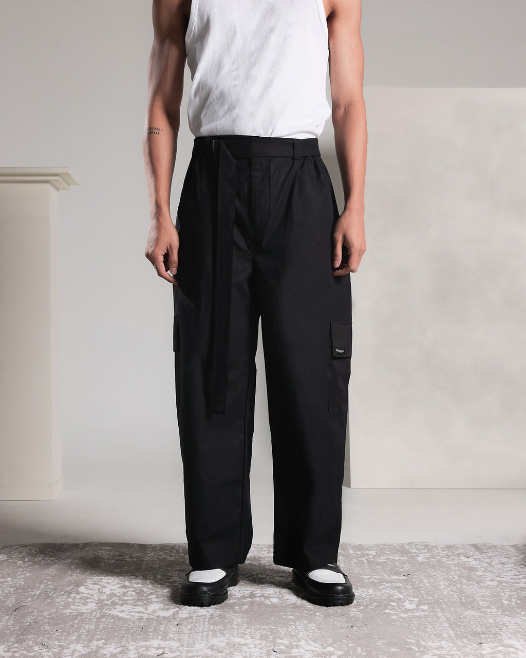 Cotton Twill Relaxed Pants Self Belt