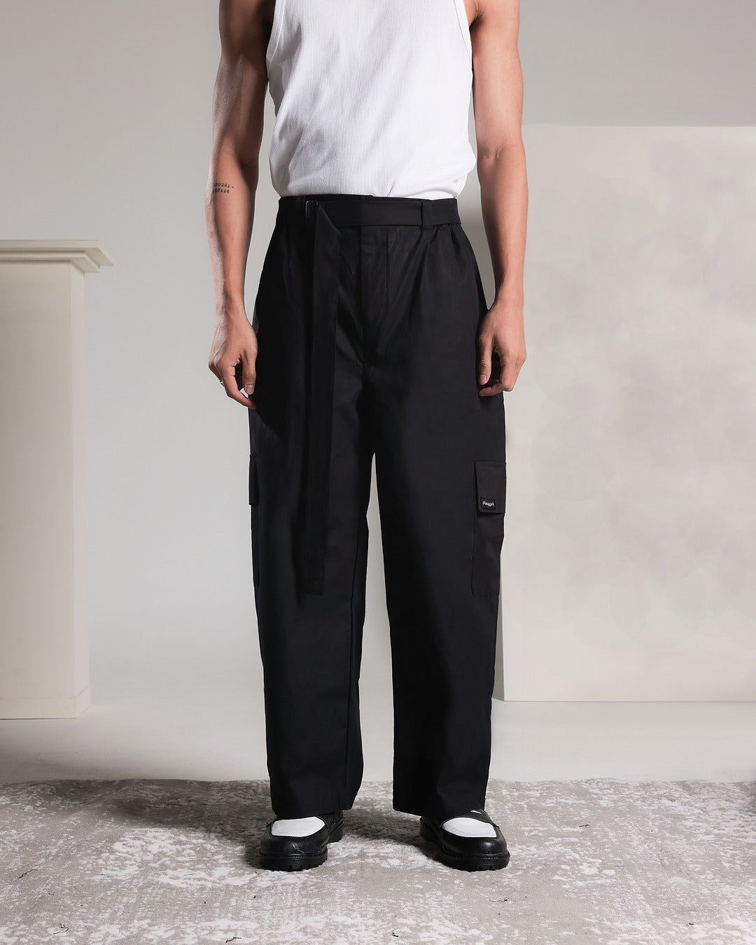 Cotton Twill Relaxed Pants Self Belt